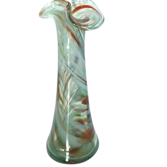 Vintage Art Glass Ruffled Vase Swirl Cased Ox Blood Blue Green Handblown 6.25" - Picture 9 of 10